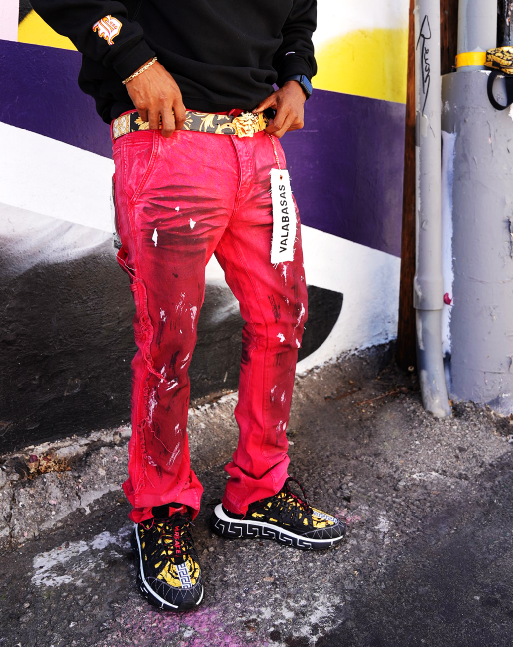 Valabasas Red Stack Denim Pants – The Drip Clinic Valabasas Red Stack Denim Pants – The Drip Clinic